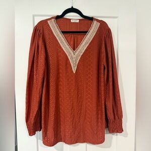Rust V-Neck Lace Trim Blouse